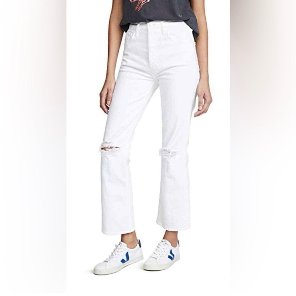 MOTHER The Tripper White Cropped High-Rise Straight Cutout Rip Jeans
